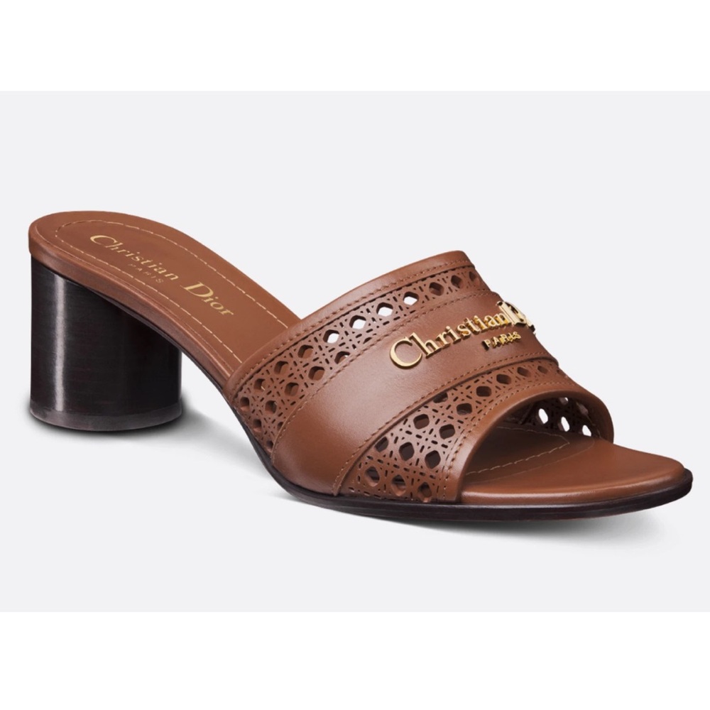 Dior D-Lane Dway Micro Cannage Down Town Brown Leather Logo Slide Heel Sandal 39